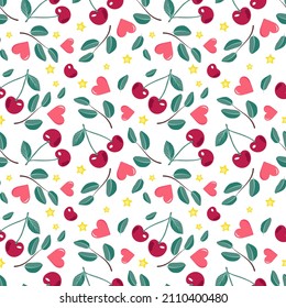 Patrón perfecto con cerezas, corazones, estrellas y hojas. Impresión festiva, decoración de día valentino para envolver papel, textil y diseño. Ilustración plana del vector