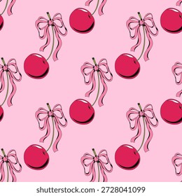 Cute seamless pattern of cherries and pink ribbon bows illustrated in doodle line art style. Concept of sweetness, romance, festive decoration