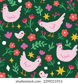 Cute seamless pattern with chicken and floral elements. Vector illustration with cartoon drawings for print, fabric, textile.