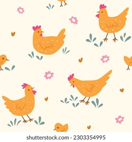 Cute seamless pattern with chicken and floral elements. Vector illustration with cartoon drawings for print, fabric, textile.