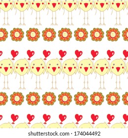 Cute seamless pattern with chicken, hearts and flowers