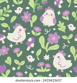 Cute seamless pattern with chickens and floral elements. Vector illustration with cartoon drawings for print, fabric, textile.