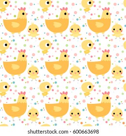 Cute seamless pattern with chickens and hens on white background with colorful dots