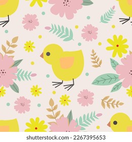 Cute seamless pattern with chickens, pink, yellow flowers and leaves. For fabric design, wallpapers, backgrounds, wrapping paper, scrapbooking, etc. Vector