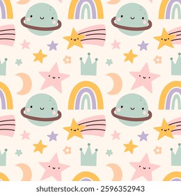 Cute seamless pattern with childish doodles in pastel colors - rainbow, stars, planets and moon. Vector hand-drawn flat illustration. Perfect for print, wrapping paper, wallpaper, fabric, textile.