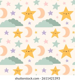 Cute seamless pattern with childish doodles in pastel colors - clouds, stars, crescent moon. Vector hand-drawn flat illustration. Perfect for print, wrapping paper, wallpaper, fabric, textile