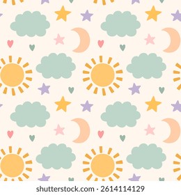Cute seamless pattern with childish doodles in pastel colors - sun, clouds, stars, crescent moon. Vector hand-drawn flat illustration. Perfect for print, wrapping paper, wallpaper, fabric, textile.