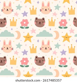 Cute seamless pattern with childish doodles in pastel colors - bear, bunny, crown, stars, flowers. Vector hand-drawn flat illustration. Perfect for print, wrapping paper, wallpaper, fabric, textile.