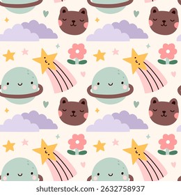 Cute seamless pattern with childish doodles in pastel colors - bear, clouds, shooting stars, planets. Vector hand-drawn flat illustration. Perfect for print, wrapping paper, wallpaper, fabric, textile