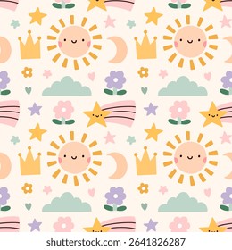 Cute seamless pattern with childish doodles in pastel colors - sun, cloud, stars, flowers, moon. Vector hand-drawn flat illustration. Perfect for print, wrapping paper, wallpaper, fabric, textile.