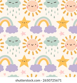 Cute seamless pattern with childish doodles in pastel colors - rainbow, stars, clouds and sun. Vector hand-drawn flat illustration. Perfect for print, wrapping paper, wallpaper, fabric, textile.