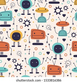 Cute Seamless Pattern With Childish Robot Funny Drawing. Vector Hand Drawn Cartoon Funny Character Monster Cyborg For Kids And Baby Fashion Textile Nursery Theme Ready For Print.