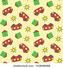 Cute seamless pattern for children. Bus, house and sun. Colorful print. Doodle style illustration. Print for cards, invitations, baby shower, wrapping paper, textile, clothes and room decoration. 