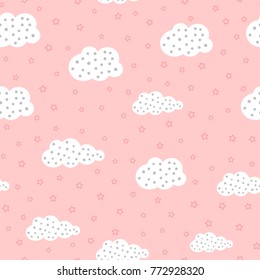 Cute seamless pattern for children with clouds and stars. Girly vector illustration.