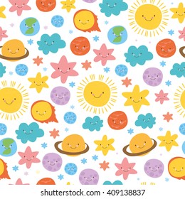 cute seamless pattern for children. comets, stars and planets. solar system. vector illustration. cheerful space. 