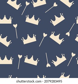 Cute seamless pattern for children from crown and sticks with hearts. Vector illustration.