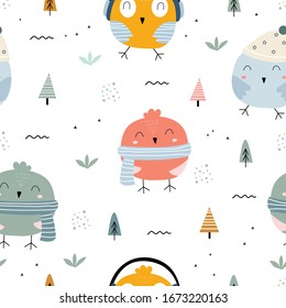 Cute seamless pattern for children. Many of the cartoon background animals of birds wearing scarves and headphones have different characteristics and have trees and small grassy clumps vector images.