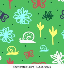 Cute seamless pattern for children. Repeated snails, flowers, butterflies and round dots. Drawn by hand, sketch, doodle, scribble. Baby endless colorful print. Colored vector illustration.