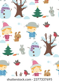 Cute seamless pattern with children, snowman, animals, birds and trees. Vector cartoon winter illustration