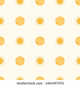 Cute seamless pattern children theme moon sun on light background. Vector illustration for kid. Pattern suitable for posters, postcards, fabric or wrapping paper.