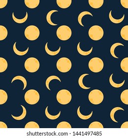 Cute seamless pattern children theme moon on dark background. Vector illustration for kid. Pattern suitable for posters, postcards, fabric or wrapping paper.