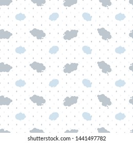 Cute seamless pattern children theme clou rain on light background. Vector illustration for kid. Pattern suitable for posters, postcards, fabric or wrapping paper.