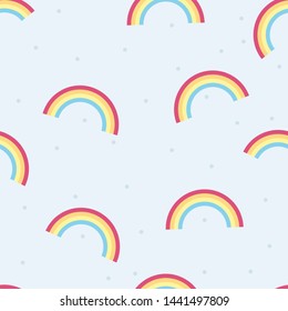 Cute seamless pattern children theme rainbow on light background. Vector illustration for kid. Pattern suitable for posters, postcards, fabric or wrapping paper.