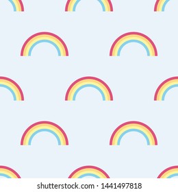 Cute seamless pattern children theme rainbow on light background. Vector illustration for kid. Pattern suitable for posters, postcards, fabric or wrapping paper.