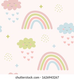 Cute seamless pattern for children, trendy style. Rainbow, stars and clouds with faces on pink background. Abstract design for wallpaper, fabric, clothes, wrapping paper and print.