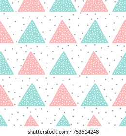 Cute seamless pattern for children. Triangles and round spots. Drawn by hand. Endless vector illustration. Pink, turquoise, gray, white.