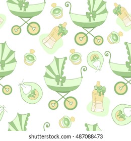 Cute seamless pattern with children's bottle of milk,baby carriage,hearts, pacifier,bib on a white background.stroller for a boy.Vector illustration for design photo album,postcards,fabric,textile.