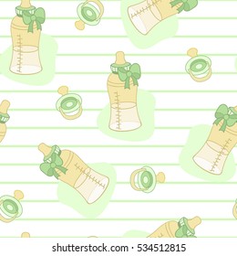 Cute seamless pattern with children's bottle of milk,green bow,hearts and circles on a striped background.Vector illustration for design photo album,postcards.Picture for fabric,textile, paper.