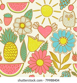 Cute seamless pattern with children's doodle, hand drawn summer background. Fruits and flowers endless texture.