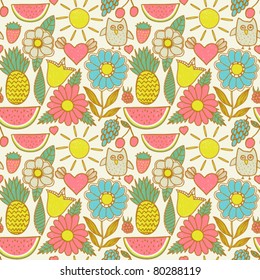Cute seamless pattern with children's doodle, hand drawn summer background. Fruits and flowers endless texture.