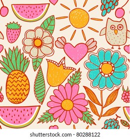 Cute seamless pattern with children's doodle, hand drawn summer background. Fruits and flowers endless texture.