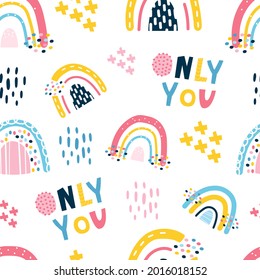 cute seamless pattern with children's rainbows, lettering, rain. Stylized children's drawing. Design for scrapbooking, fabrics for children's clothing and bedding. Vector illustration, hand-drawn