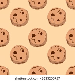 Cute seamless pattern of chocolate chip cookies on beige background. Great for packaging, wrapping paper, branding, and fun design projects in print or digital format