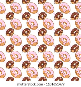 Cute seamless pattern with chocolate and strawberry donuts. Bakery. Idea for cafe. Vector illustration