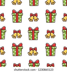 Cute seamless pattern with Christmas box gift and bells. It can be used for packaging, wrapping paper, textile and etc.