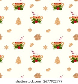 Lindo patrón sin fisuras con tazas de Navidades con bebida caliente con espuma y Navidades casas de pan de jengibre, árboles, mitones, copos de nieve, ideal para textiles, tarjetas, Anuncios, Fondos de pantalla, etiquetas
