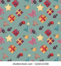 Cute seamless pattern with Christmas decorations, birds and cats, stars, tangerines and wrapped presents. Pastel colours. Green background. Flat cartoon style vector illustration.