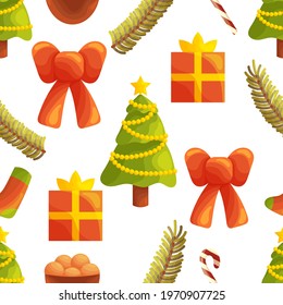 Cute seamless pattern with Christmas decorations and elements. White background. Flat style illustration.