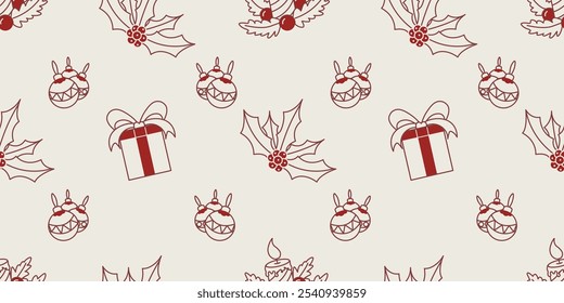 Cute Seamless Pattern Christmas Element There are Advent Wreath, Poinsettia, Christmas Ball and Gift Box