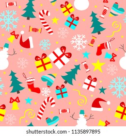 Cute seamless pattern with Christmas elements: sweets, tree, snowman, snowflake, gift box and other. Bright holiday design.