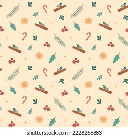 Cute seamless pattern with Christmas elements with a color background. Cinnamon sticks and orange slice with pine branches and candy cones on a background with berries and mistletoe and holly leaves