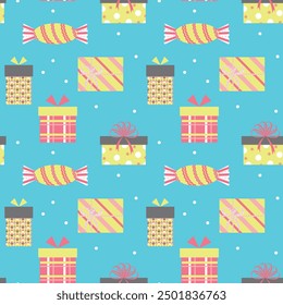 Cute seamless pattern with Christmas gift. Blue background. Perfect for kids design, cover design, fabric print, wrapping paper design, baby prints, Christmas cards and decor textiles.