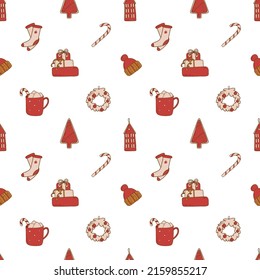 Patrón perfecto para Navidad y Año Nuevo. Elementos acogedores. Calcetines, regalos, lollu, casa, taza con malvavisco, corona, sombrero, árbol de navidad. Ilustración vectorial para envolver papel e imprimir.
