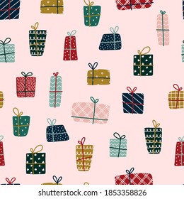 cute seamless pattern with christmas presents for wrapping paper, textile prints, wallpaper, packaging, backgrounds, etc. EPS 10