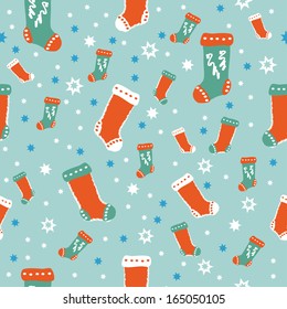 Cute seamless pattern with Christmas socks and snowflakes. Seamless pattern can be used for wallpapers, pattern fills, web page backgrounds, surface textures.