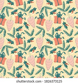 Cute seamless pattern christmas theme with gifts, holly leaves, toys, and christmas tree branch vector